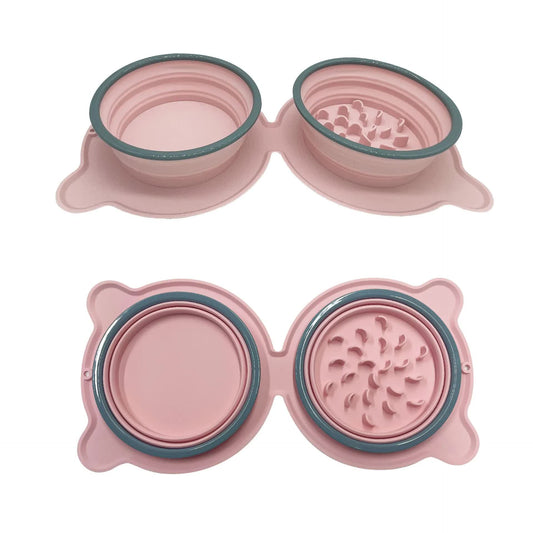 Pink Portable Collapsible Pet Bowl Set - Food-Grade Silicone Double Bowl for Dogs & Cats, Anti-Slip & Easy to Clean