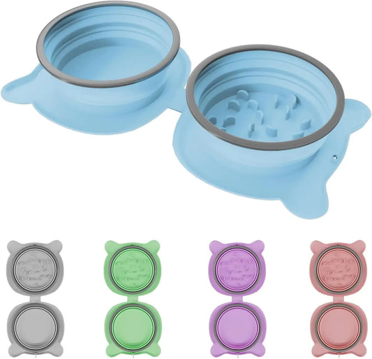 Blue Portable Collapsible Pet Bowl Set - Food-Grade Silicone Double Bowl for Dogs & Cats, Anti-Slip & Easy to Clean