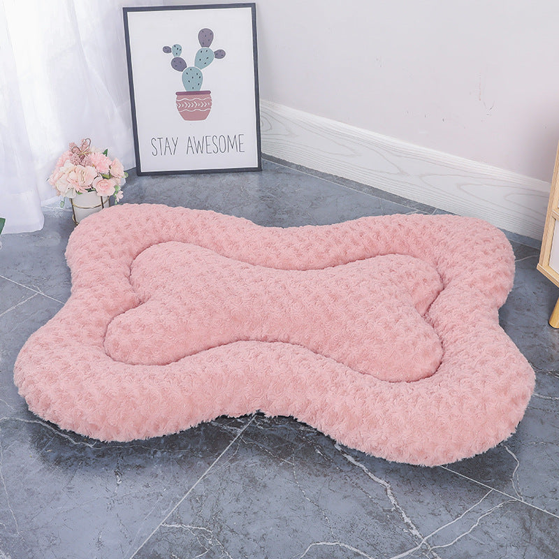 M Pink Rose Velvet Fish Scale Pet Bed - Creative Bone-Shaped Soft and Cozy Dog & Cat Nest