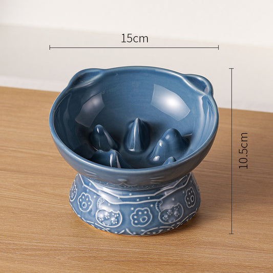 Blue Vintage Slow Feeder Ceramic Pet Bowl - Anti-Choke Wide-Mouth Design for Cats & Dogs, Prevents Black Chin