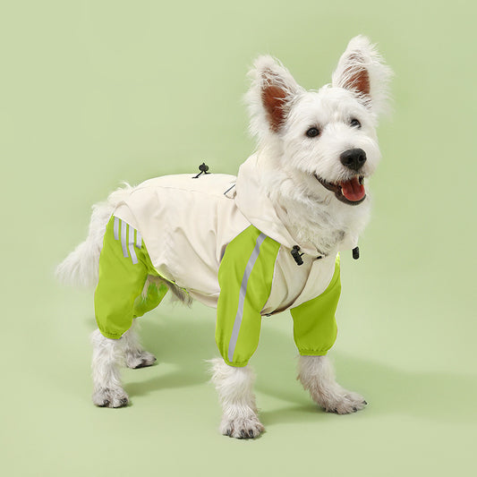 Colorblock (White Green) Dog Raincoat - Waterproof with Hood and Reflective Strips (Size XL)
