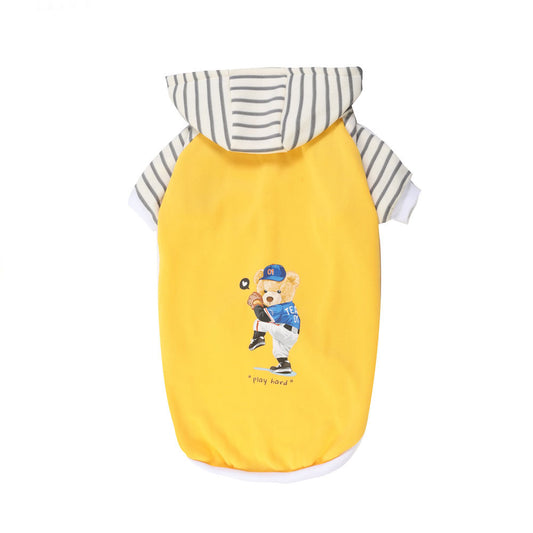 Autumn/Winter Dog Clothes - Yellow Hoodie with Striped Hood & Baseball Bear (Size - 2XL)