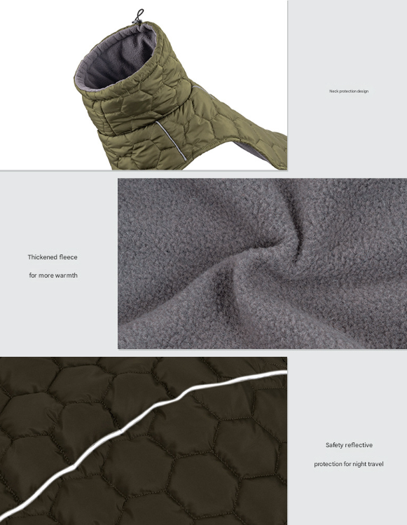 Size 2XL Olive Green Warm Quilted Dog Winter Coat - Adjustable Fleece-Lined Puffer Vest with Reflective Trim & Leash Port