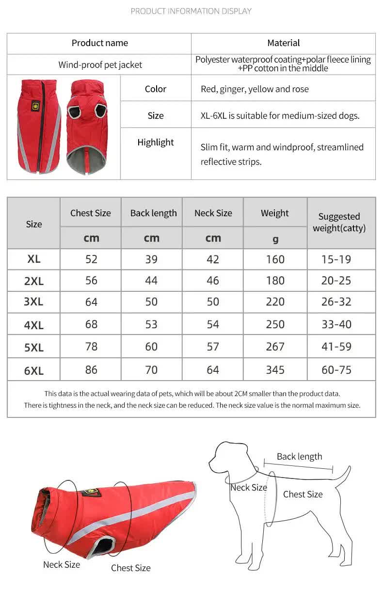 Size 5XL Pink Reflective Winter Dog Jacket - Warm & Waterproof Outdoor Coat for Large Breeds