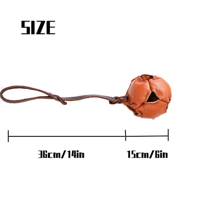Brown Durable Leather Dog Training Ball with Loop Handle - Interactive Bite & Tug Toy for Playful Pups