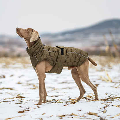 Size XL Olive Green Warm Quilted Dog Winter Coat - Adjustable Fleece-Lined Puffer Vest with Reflective Trim & Leash Port