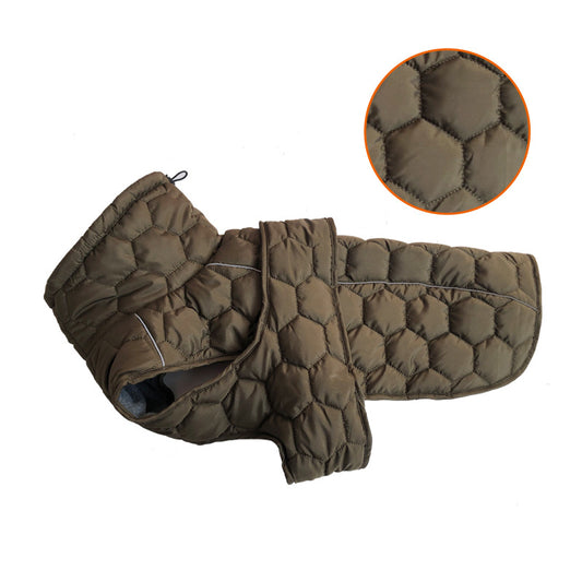 Size XL Olive Green Warm Quilted Dog Winter Coat - Adjustable Fleece-Lined Puffer Vest with Reflective Trim & Leash Port
